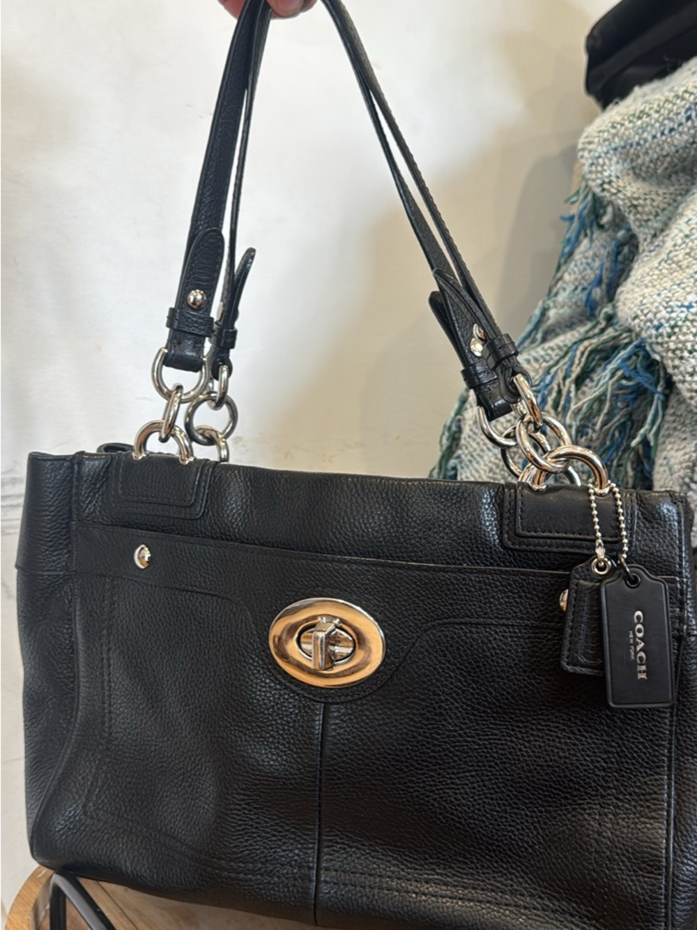 Coach Black Pebbled Leather Shoulder Bag with Gold Turnlock